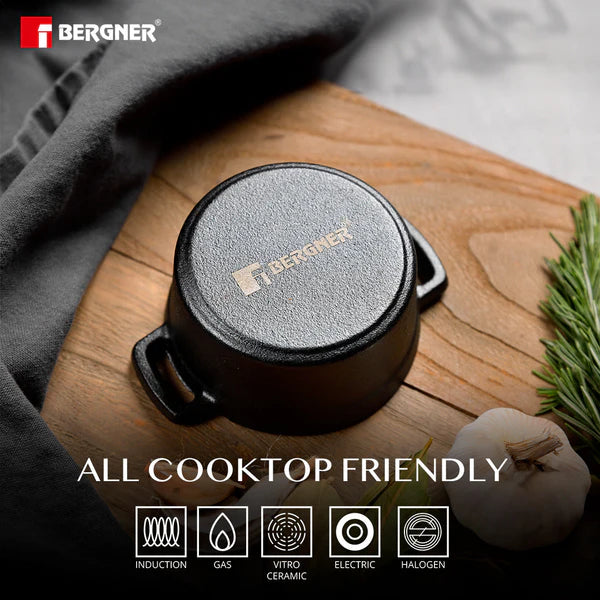 Cook & Share 10 cm (265ml) Cast Iron Mini Casserole with Lid, Comes with Wooden Tray - Induction Bottom  BG-34211-BK