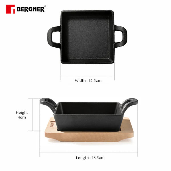 Cook Share Cast Iron Mini Pan, Comes with Wooden Tray - Induction Bottom BG-34212-BK