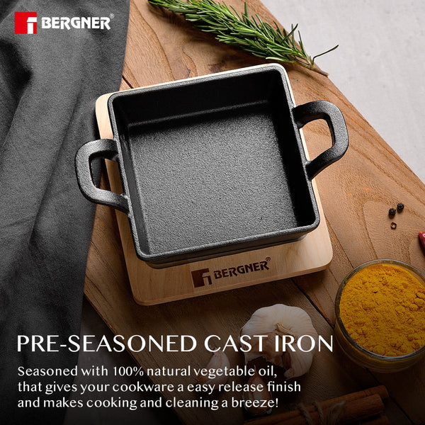 Cook Share Cast Iron Mini Pan, Comes with Wooden Tray - Induction Bottom BG-34212-BK