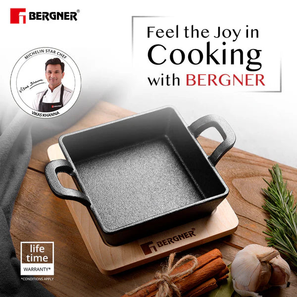 Cook Share Cast Iron Mini Pan, Comes with Wooden Tray - Induction Bottom BG-34212-BK
