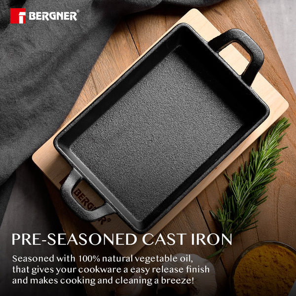 Cook & Share Cast Iron Mini Frypan, Comes with Wooden Tray - Induction Bottom  BG-34213-BK