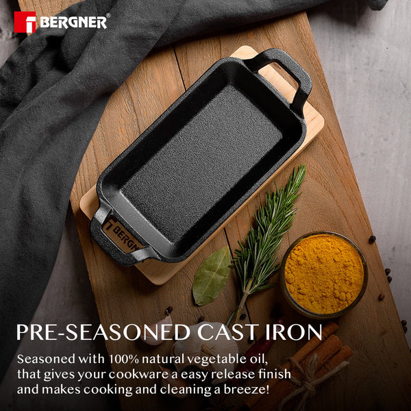 Cook Share Cast Iron Mini Pan, Comes with Wooden Tray - Induction Bottom BG-34214-BK