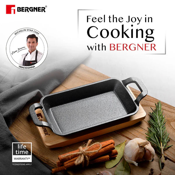 Cook Share Cast Iron Mini Pan, Comes with Wooden Tray - Induction Bottom BG-34214-BK