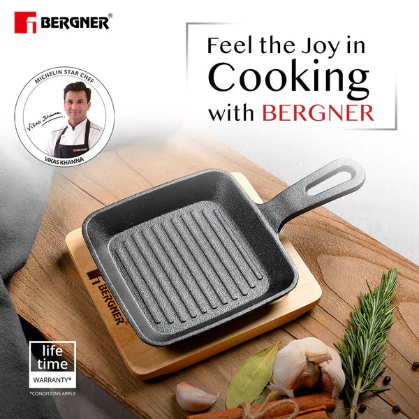 Cook & Share 13cm (240ml) Cast Iron Mini Pan, Comes with Wooden Tray - Induction Bottom  BG-34215-BK