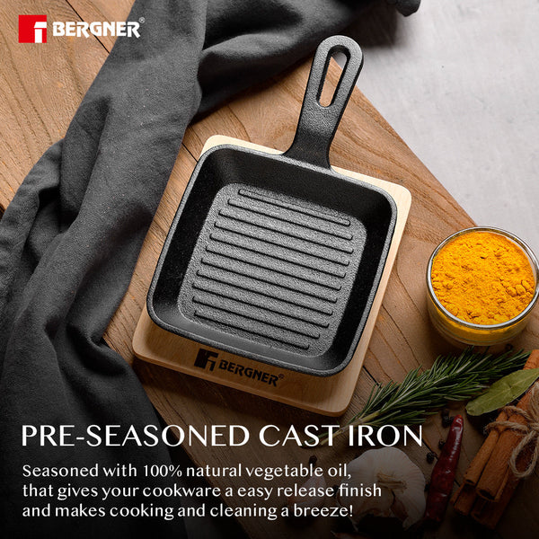 Cook & Share 13cm (240ml) Cast Iron Mini Pan, Comes with Wooden Tray - Induction Bottom  BG-34215-BK
