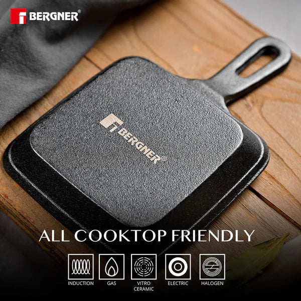 Cook & Share 13cm (240ml) Cast Iron Mini Pan, Comes with Wooden Tray - Induction Bottom  BG-34215-BK