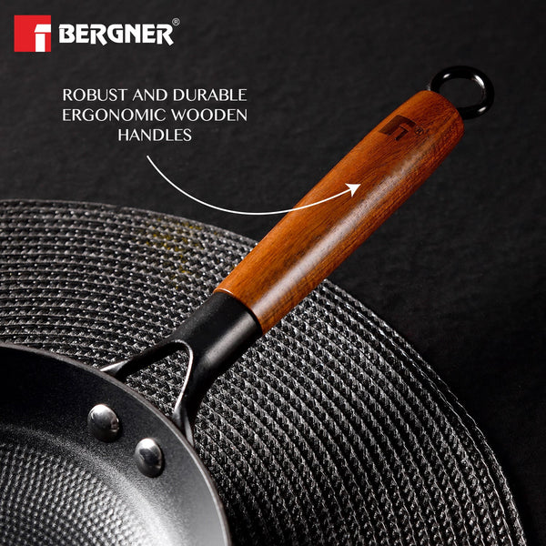 Odin Lightweight Iron Frypan with Wooden Coated Handle - Induction Bottom BG-34433-BK
