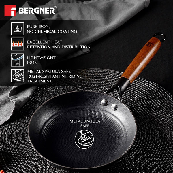 Odin Lightweight Iron Frypan with Wooden Coated Handle - Induction Bottom BG-34433-BK