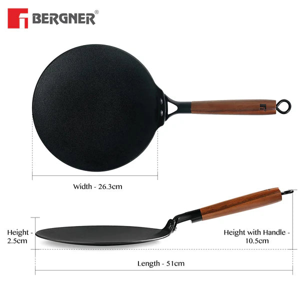 Odin 26cm Lightweight Iron Roti Tawa with Wooden Coated Handle – Induction Bottom BG-34435-BK