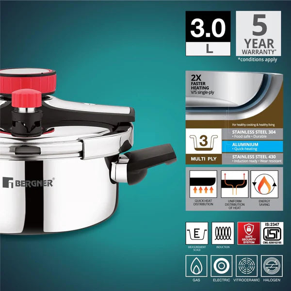 Capri Tri-Ply Pressure Cooker with Low and High Pressure Settings, Safety Lock BGIN-0619