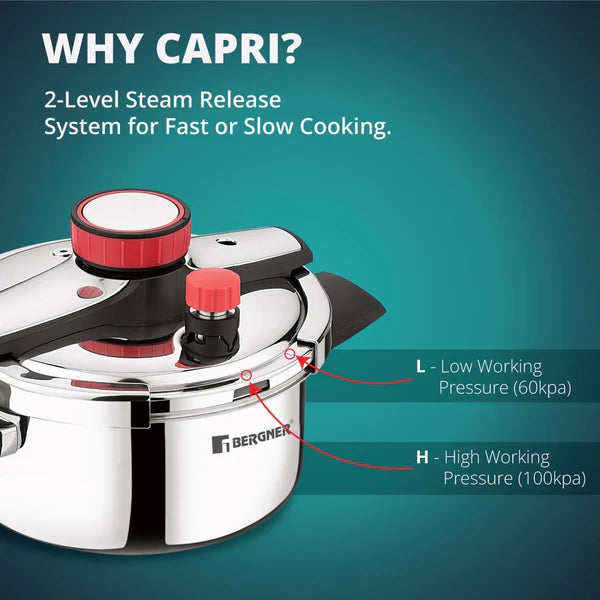 Capri Tri-Ply Pressure Cooker with Low and High Pressure Settings, Safety Lock BGIN-0619