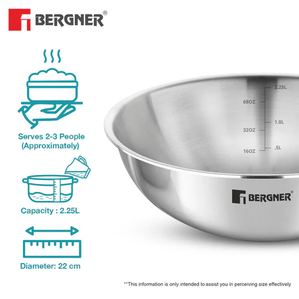 Argent Tri-Ply Stainless Steel 22cm Tasra without Lid, Less Oil Use - Induction Bottom BGIN-1223