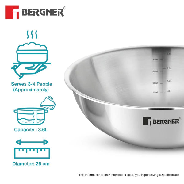 Argent Tri-Ply Stainless Steel 26cm Tasra without Lid, Less Oil Use - Induction Bottom  BGIN-1225