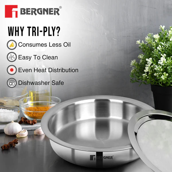 Argent Tri-Ply Stainless Steel 24cm (2.6 Liters) Lagdi with Stainless Steel Lid - Induction Bottom  BGIN-1664