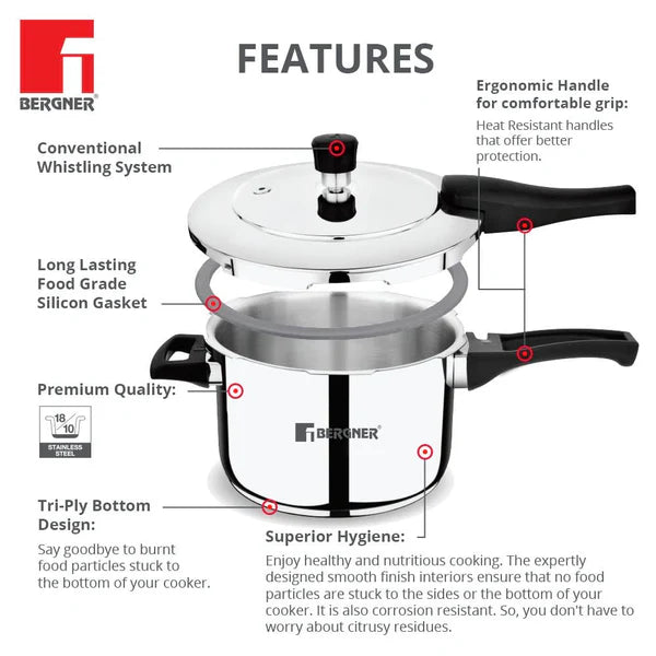 Pura Stainless Steel Outer Lid Pressure Cooker, Tri-Ply Induction Bottom BGIN-1864