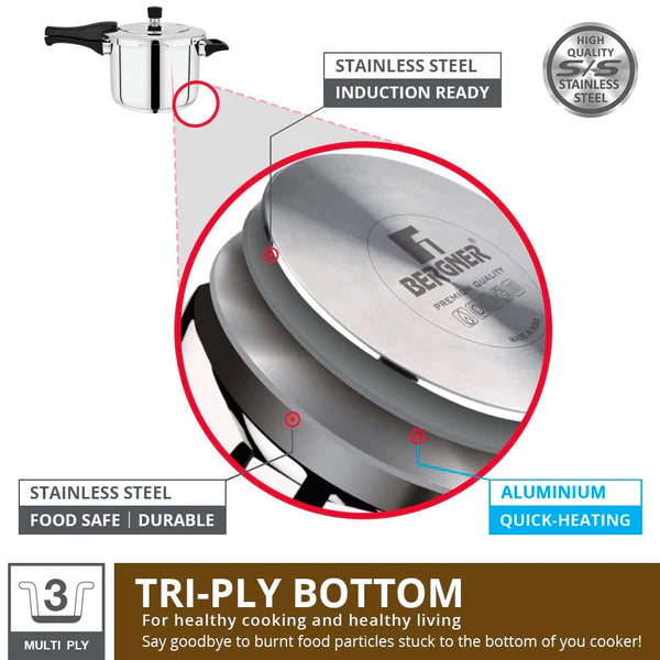 Pura Stainless Steel Outer Lid Pressure Cooker, Tri-Ply Induction Bottom BGIN-1864