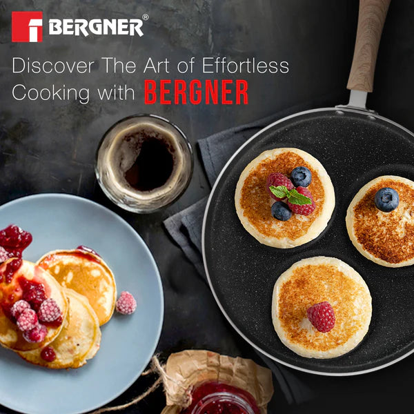Bellini Plus Aura 5-Layer Non-Stick 3 PIT Uttapam Tawa with Wooden Finish Soft Touch Handle, PFOA Free, Durable - Gas Stove Ready BGIN-2217-BK