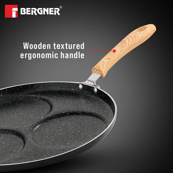 Bellini Plus Aura 5-Layer Non-Stick 3 PIT Uttapam Tawa with Wooden Finish Soft Touch Handle, PFOA Free, Durable - Gas Stove Ready BGIN-2217-BK