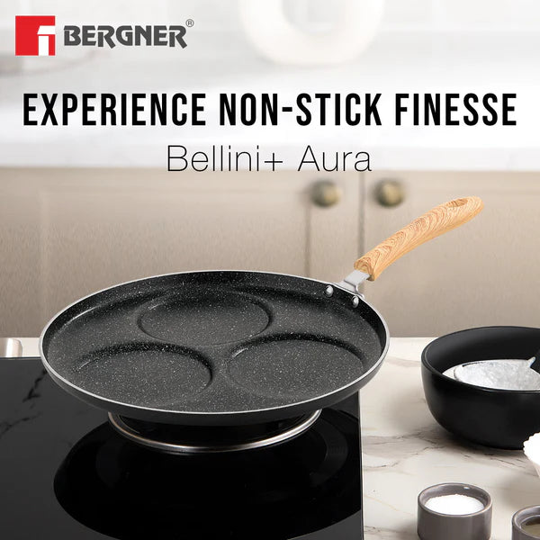 Bellini Plus Aura 5-Layer Non-Stick 3 PIT Uttapam Tawa with Wooden Finish Soft Touch Handle, PFOA Free, Durable - Gas Stove Ready BGIN-2217-BK
