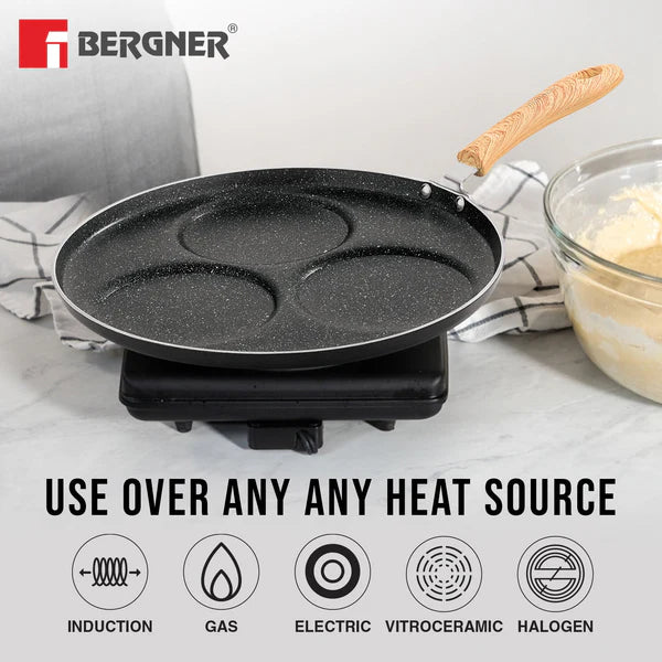 Bellini Plus Aura 5-Layer Non-Stick 3 PIT Uttapam Tawa with Wooden Finish Soft Touch Handle, PFOA Free, Durable - Gas Stove Ready BGIN-2217-BK