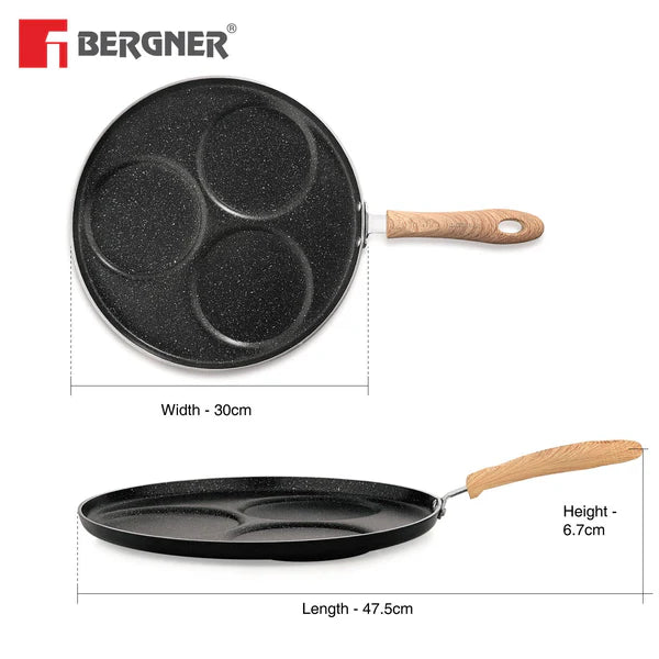 Bellini Plus Aura 5-Layer Non-Stick 3 PIT Uttapam Tawa with Wooden Finish Soft Touch Handle, PFOA Free, Durable - Gas Stove Ready BGIN-2217-BK