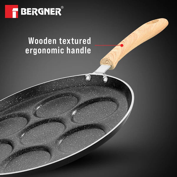 Bellini Plus Aura 5-Layer Non-Stick 7 PIT Uttapam Tawa with Wooden Finish Soft Touch Handle, PFOA Free, Durable - Gas Stove Ready BGIN-2218-BK
