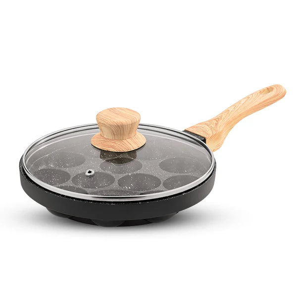 Bellini Plus Aura Non-Stick Appam Patra with Glass Lid, Gas Stove Compatible 12 Pits (Appam Patra)  BGIN-2219-BK