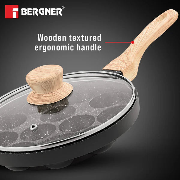 Bellini Plus Aura Non-Stick Appam Patra with Glass Lid, Gas Stove Compatible 12 Pits (Appam Patra)  BGIN-2219-BK