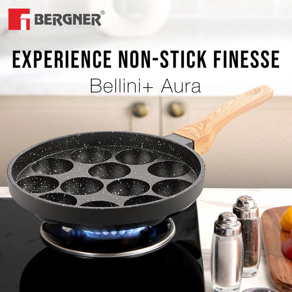 Bellini Plus Aura Non-Stick Appam Patra with Glass Lid, Gas Stove Compatible 12 Pits (Appam Patra)  BGIN-2219-BK