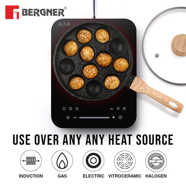 Bellini Plus Aura Non-Stick Appam Patra with Glass Lid, Gas Stove Compatible 12 Pits (Appam Patra)  BGIN-2219-BK