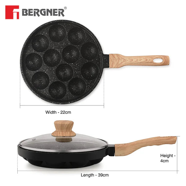 Bellini Plus Aura Non-Stick Appam Patra with Glass Lid, Gas Stove Compatible 12 Pits (Appam Patra)  BGIN-2219-BK