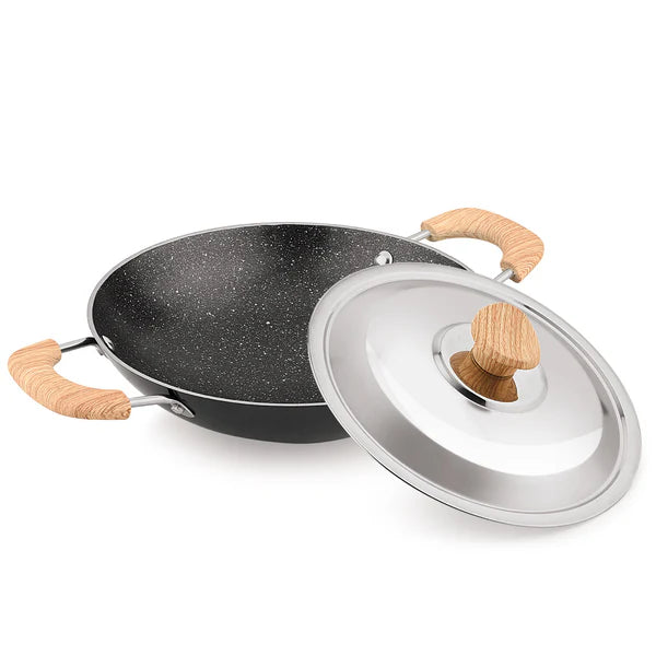 Bellini Plus Aura 5-Layer Non-Stick 20cm Appachetty with Stainless Steel Lid, Wooden Finish Soft Touch Handle, Even Heat Distribution - Gas Stove Compatible  BGIN-2220-BK