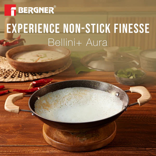 Bellini Plus Aura 5-Layer Non-Stick 20cm Appachetty with Stainless Steel Lid, Wooden Finish Soft Touch Handle, Even Heat Distribution - Gas Stove Compatible  BGIN-2220-BK