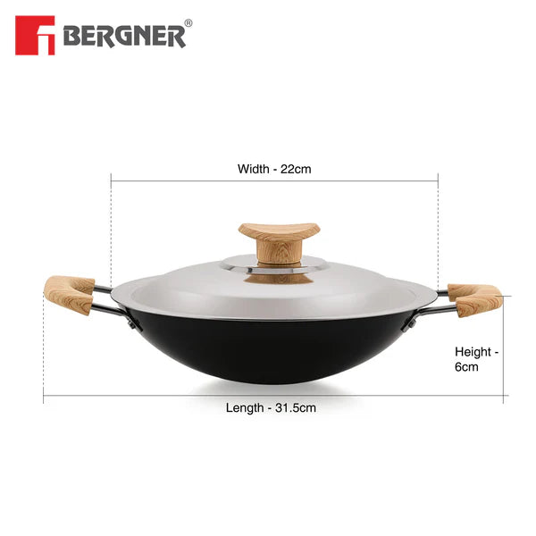 Bellini Plus Aura 5-Layer Non-Stick 20cm Appachetty with Stainless Steel Lid, Wooden Finish Soft Touch Handle, Even Heat Distribution - Gas Stove Compatible  BGIN-2220-BK