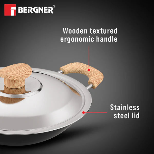 Bellini Plus Aura 5-Layer Non-Stick 20cm Appachetty with Stainless Steel Lid, Wooden Finish Soft Touch Handle, Even Heat Distribution - Gas Stove Compatible  BGIN-2220-BK