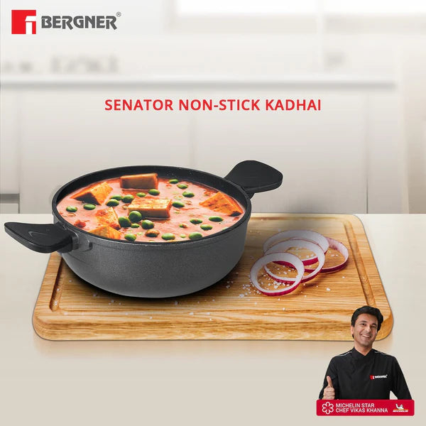 Senator Die-Cast Non-Stick Kadai With Glass Lid, Minimal Oil Use for Healthy Cooking - Induction Bottom BGIN-2571
