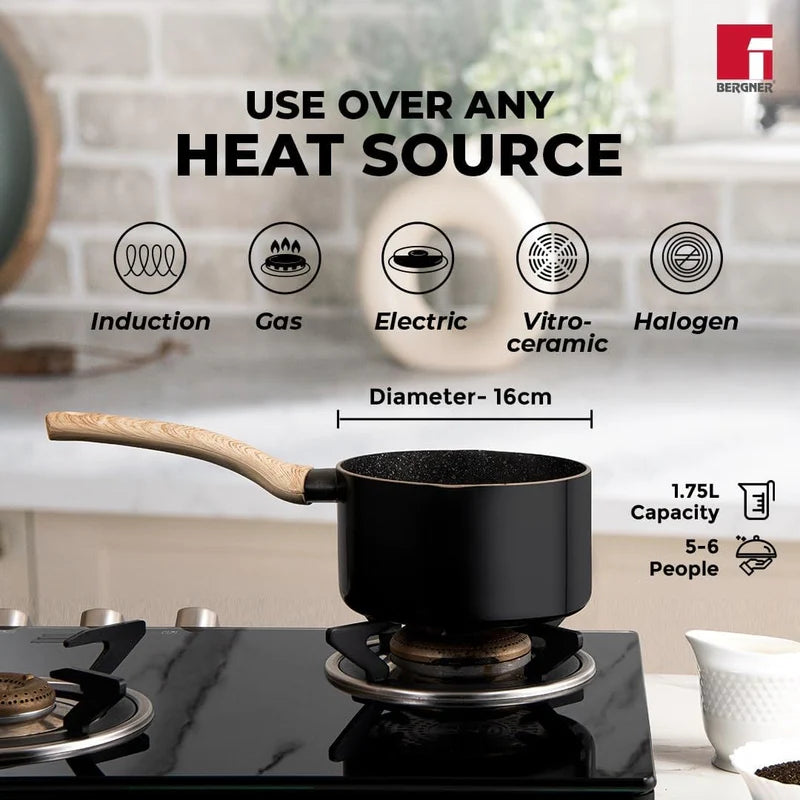 Bellini Plus Aura 5-Layer Non-Stick 16 cm (1.8 Litres) Saucepan, Thickness 3.2mm - Induction Bottom- BGIN-31247-BK