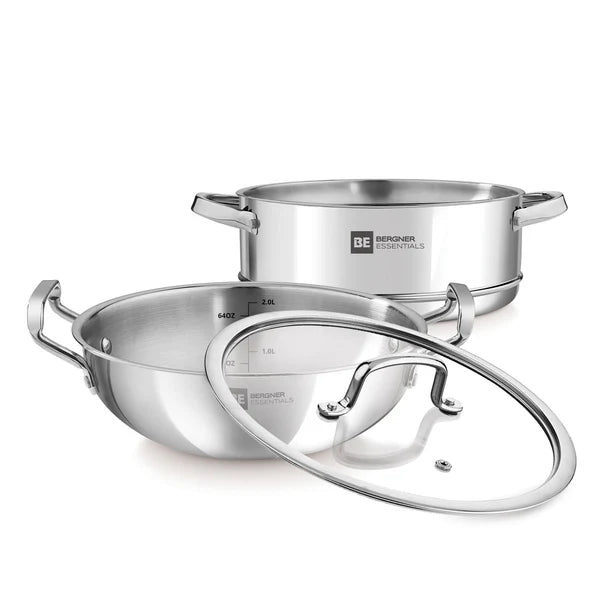 BGIN-6213  MULTI-PURPOSE TRI-PLY KADAI 24cm  WITH STEAMER AND GLASS LID