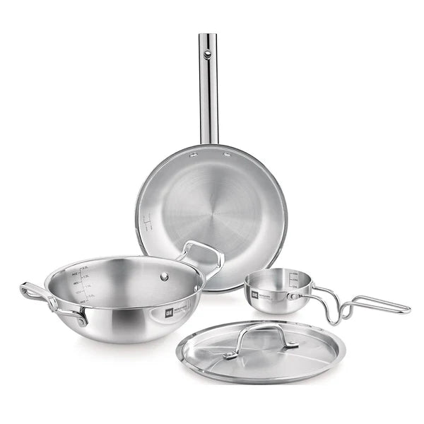 Bergner BE Essentials Tri-Ply Stainless Steel 4 Pcs Cookware Set - Kadai 22cm (2 L), Fry Pan 22cm (1.1 L), Tadka Pan 10cm, 1 Stainless Steel Lid Suitable for Kadai and frypan BGIN-6214
