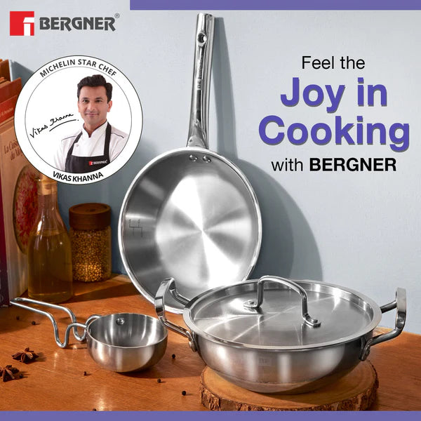 Bergner BE Essentials Tri-Ply Stainless Steel 4 Pcs Cookware Set - Kadai 22cm (2 L), Fry Pan 22cm (1.1 L), Tadka Pan 10cm, 1 Stainless Steel Lid Suitable for Kadai and frypan BGIN-6214