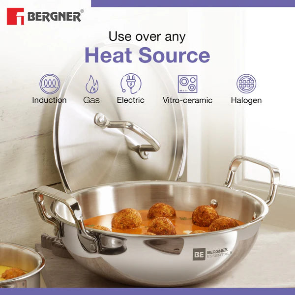 Bergner BE Essentials Tri-Ply Stainless Steel 4 Pcs Cookware Set - Kadai 22cm (2 L), Fry Pan 22cm (1.1 L), Tadka Pan 10cm, 1 Stainless Steel Lid Suitable for Kadai and frypan BGIN-6214