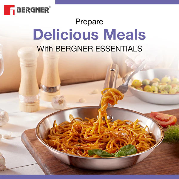Bergner BE Essentials Tri-Ply Stainless Steel 4 Pcs Cookware Set - Kadai 22cm (2 L), Fry Pan 22cm (1.1 L), Tadka Pan 10cm, 1 Stainless Steel Lid Suitable for Kadai and frypan BGIN-6214