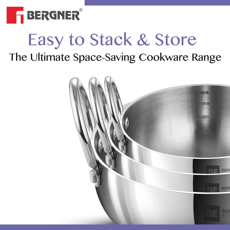 BE Essentials Tri-Ply Stainless Steel Junior Kadai Set of 3 Pcs - Gas Stove Compatible