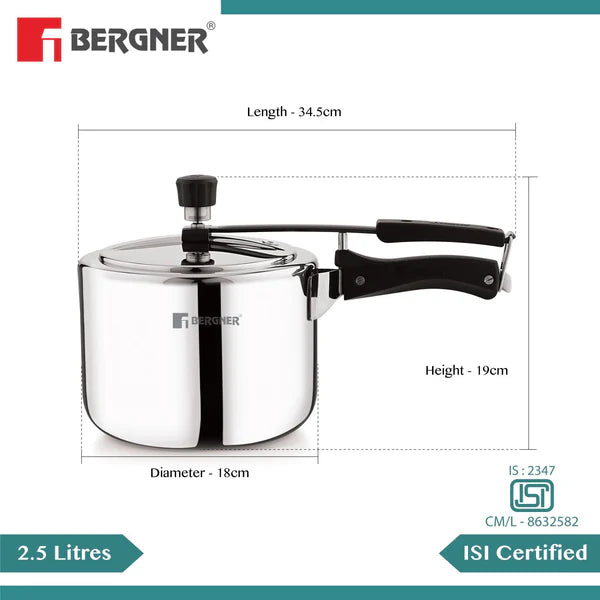 Argent Tri-Ply 18/10 Stainless Steel Inner Lid Pressure Cooker with Rivetless Technology, 2.5 mm Body Thickness - Induction Bottom BGIN-7894