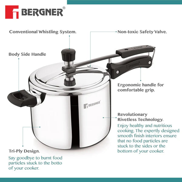 Argent Tri-Ply 18/10 Stainless Steel Inner Lid Pressure Cooker with Rivetless Technology, 2.5 mm Body Thickness - Induction Bottom BGIN-7896