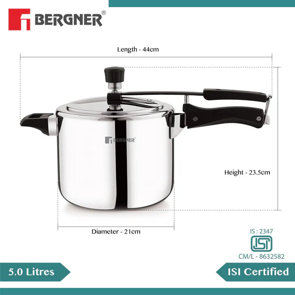 Argent Tri-Ply 18/10 Stainless Steel Inner Lid Pressure Cooker with Rivetless Technology, 2.5 mm Body Thickness - Induction Bottom BGIN-7896