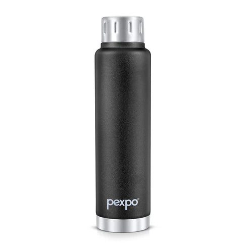 Pexpo Cameo ISI Certified Vacuum Insulated 500ml Stainless Steel Water Bottle - Black | Hot & Cold Upto 6-8 Hours | Leak Proof | Office, School, Gym, & Travelling|Men, Women & Kids