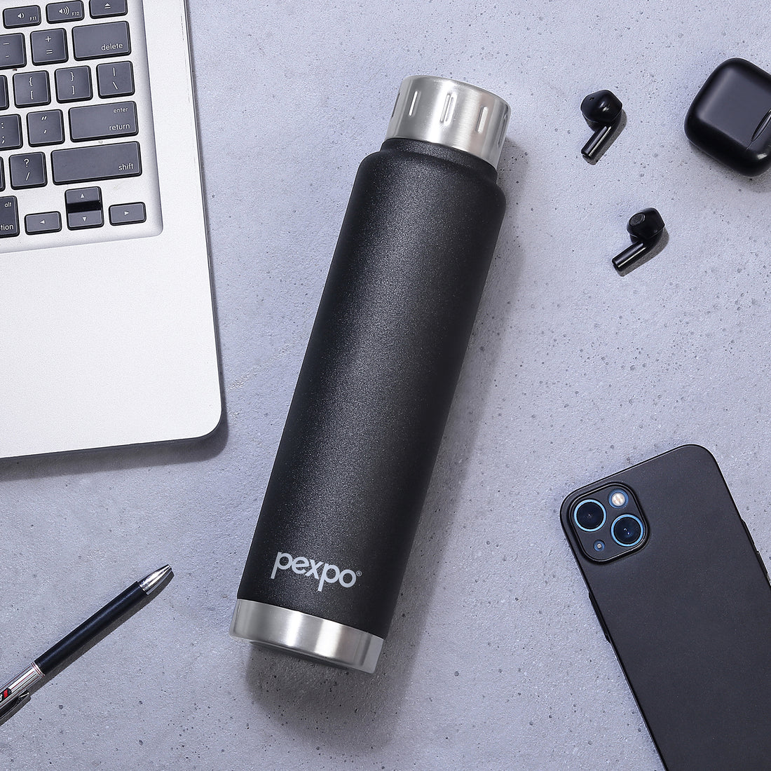 Pexpo Cameo ISI Certified Vacuum Insulated 500ml Stainless Steel Water Bottle - Black | Hot & Cold Upto 6-8 Hours | Leak Proof | Office, School, Gym, & Travelling|Men, Women & Kids