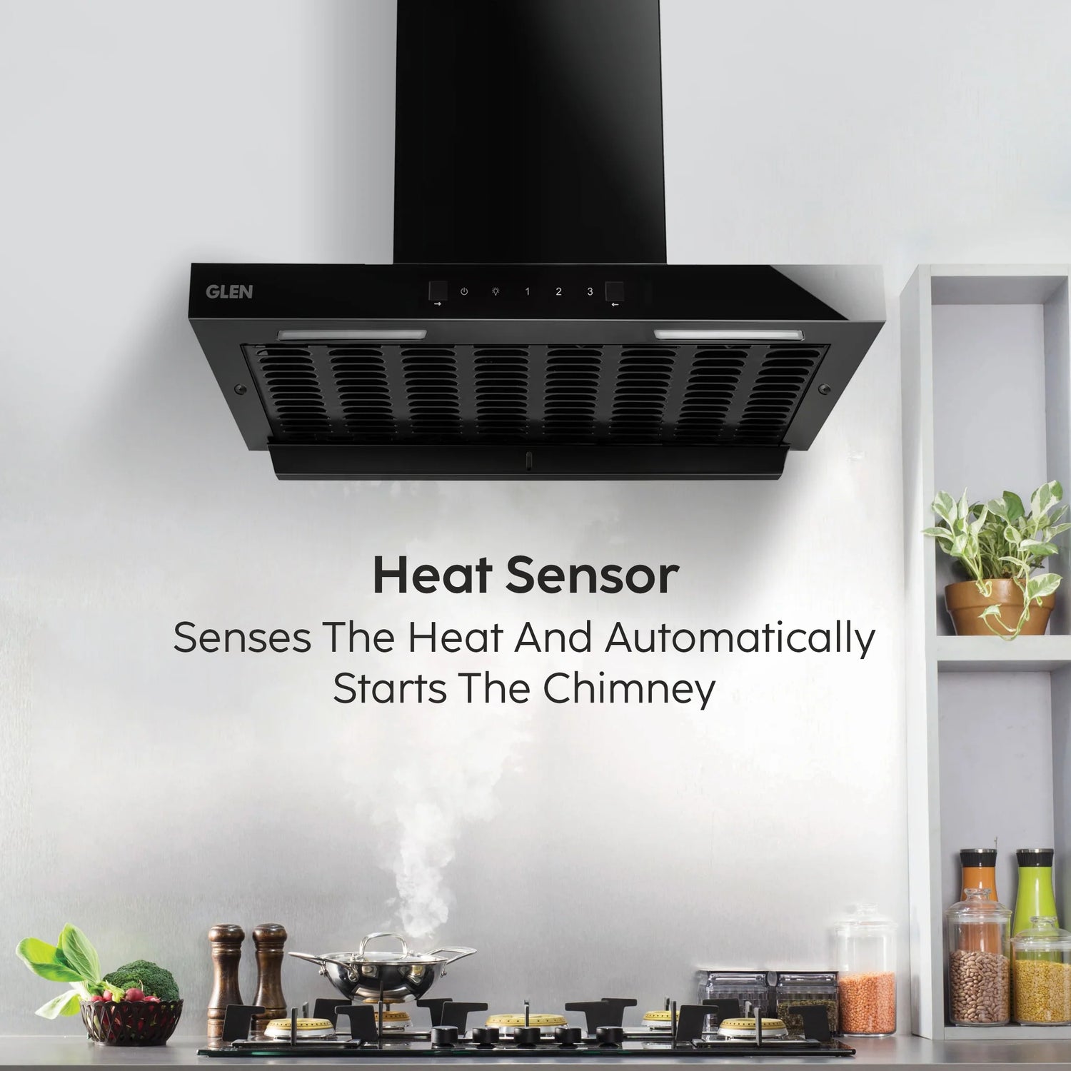 60cm Auto Clean Filterless Chimney with Heat Sensor, 1400 m³/hr Suction, Motion Touch Control – Black (CH 6052 HSR BL AC)