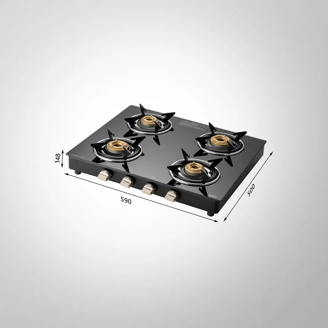 CTE584B Gas Stove | 58 cm Slim Line Hob-Top, 4 Brass Burners, Black Tempered Glass, Manual Ignition